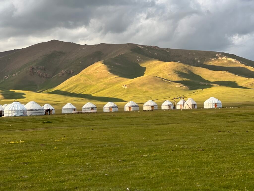 Yurt camp at sunset Song-Kul Lake Kyrgyzstan