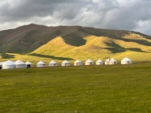 Yurt camp at sunset Song-Kul Lake Kyrgyzstan